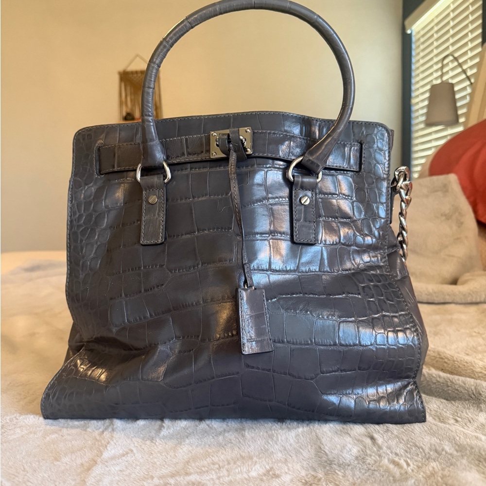 MICHAEL KORS "Hamilton" Grey Croc Print Leather Large Shoulder Bag